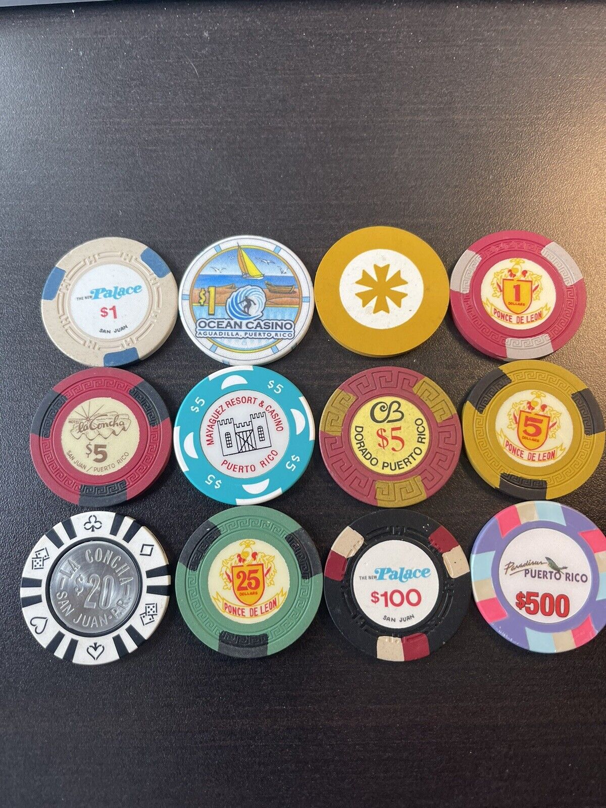 (12) Puerto Rico Casino Chips Vintage Chips $1 $5 $20 $25 $100 $500