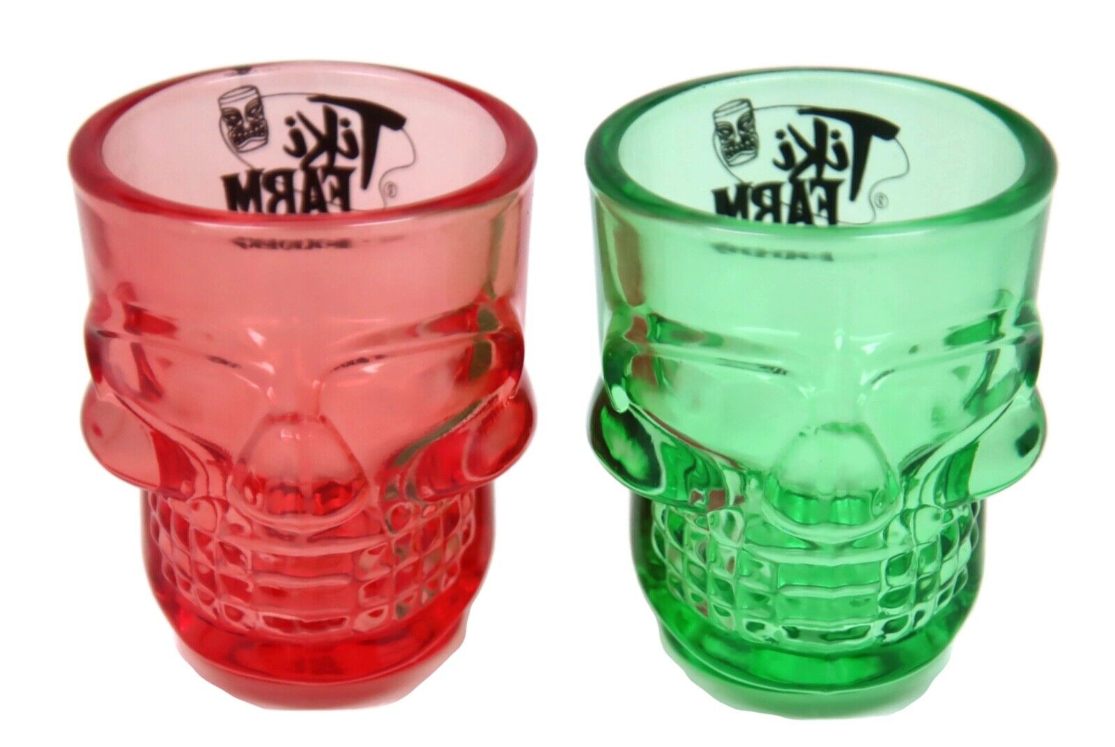 2020 Tiki Farm SKULL Shot Glass Set - 1 Red Skull & 1 Green Skull Shot Glasses