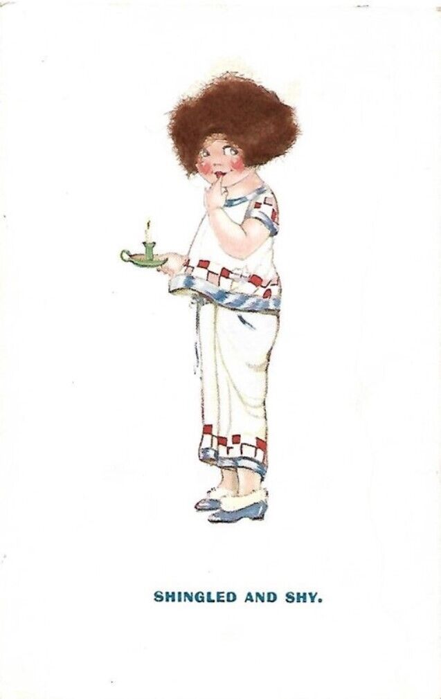 1923 Regent Fabric Hairstyle Novelty Postcard SHINGLED AND SHY Cute Girl Pajamas