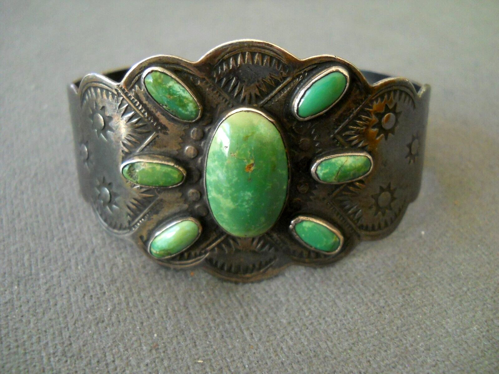 Native American Navajo Green Turquoise Cluster Sterling Silver Stamped Bracelet