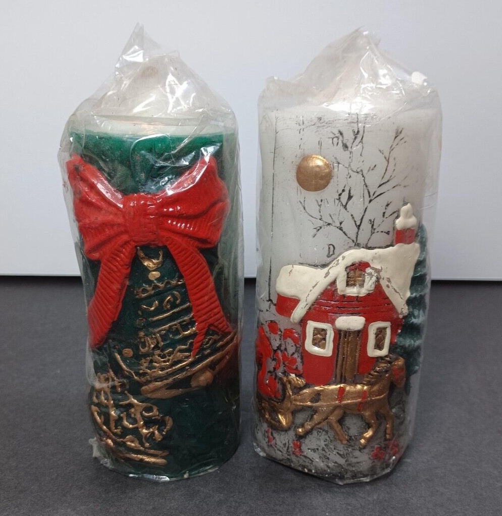Christmas Decoration Vintage MCM Pillar Candle Holiday Elegance Unused Lot Of 2