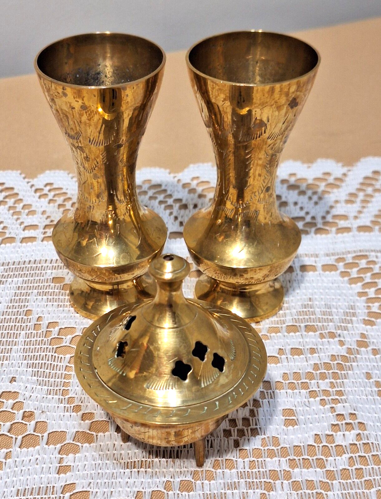 Vintage Brass Home Decor Pieces, Bud Vases and Incense Burner, Lot of 4, India