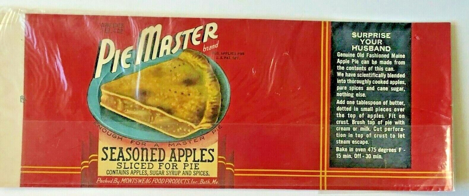 Antique New Old Stock Can Label Pie Master Seasoned Apples Bath Maine 