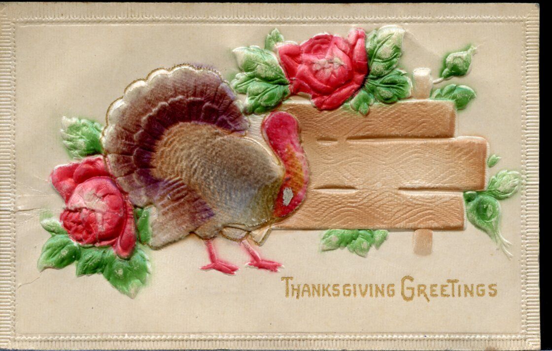 Postcard Antique Thanksgiving Greetings Turkey Roses Heavy Embossed Early 1900s