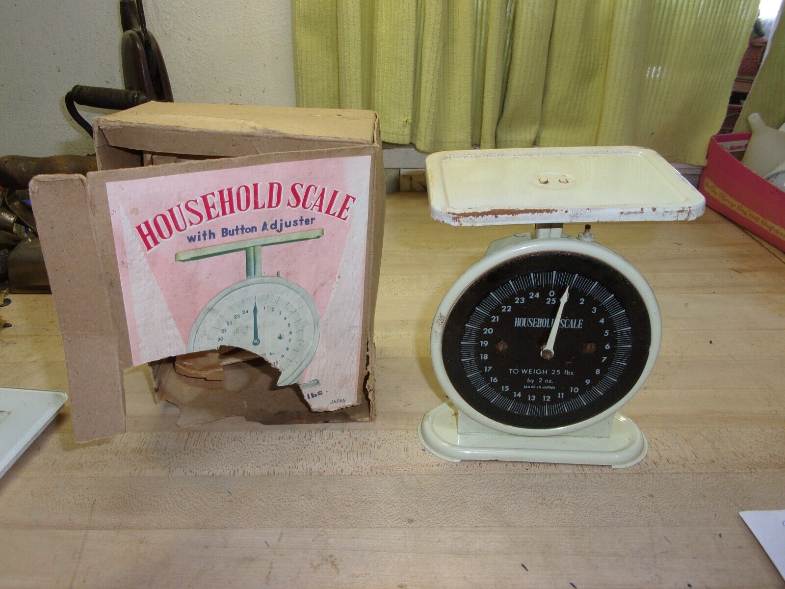 vtg. household scale with button adj. 25 lbs.w/box farmhouse decor 