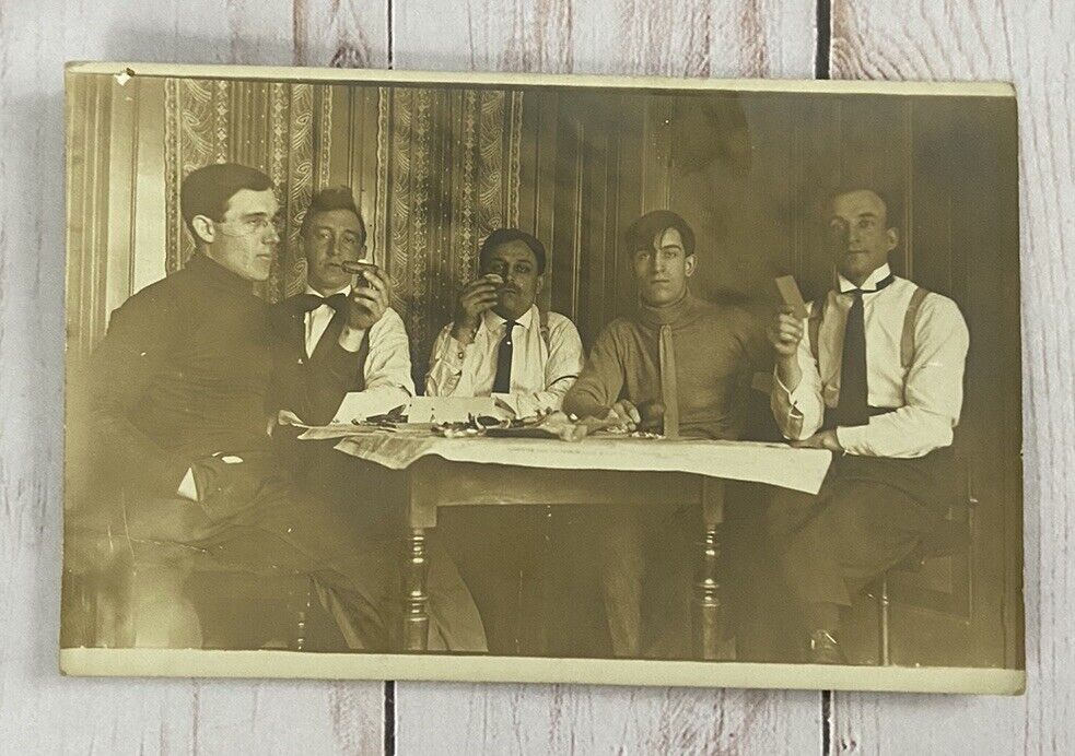 Antique Vintage RPPC 5 Men At Table Eating Playing Cards Turtleneck