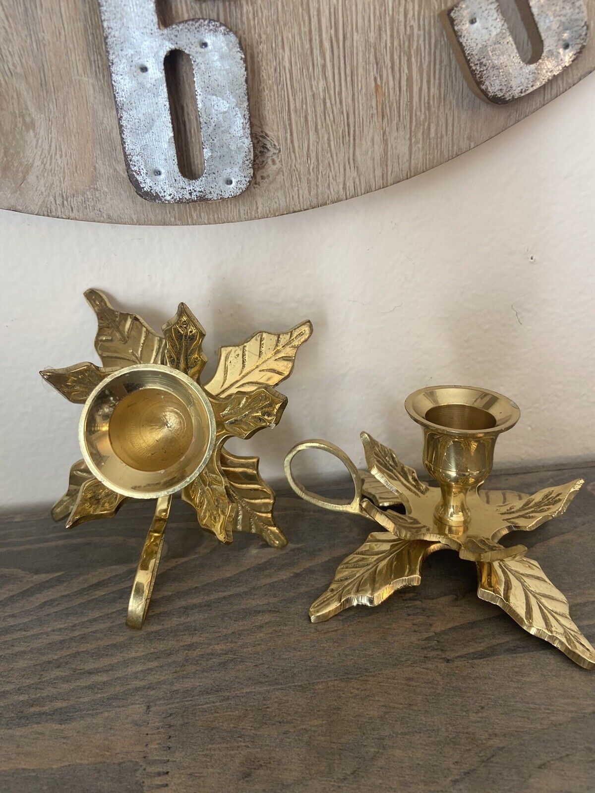 Vtg Brass Poinsettia Holly Leaf Candle Stick Holders Christmas Candleholders