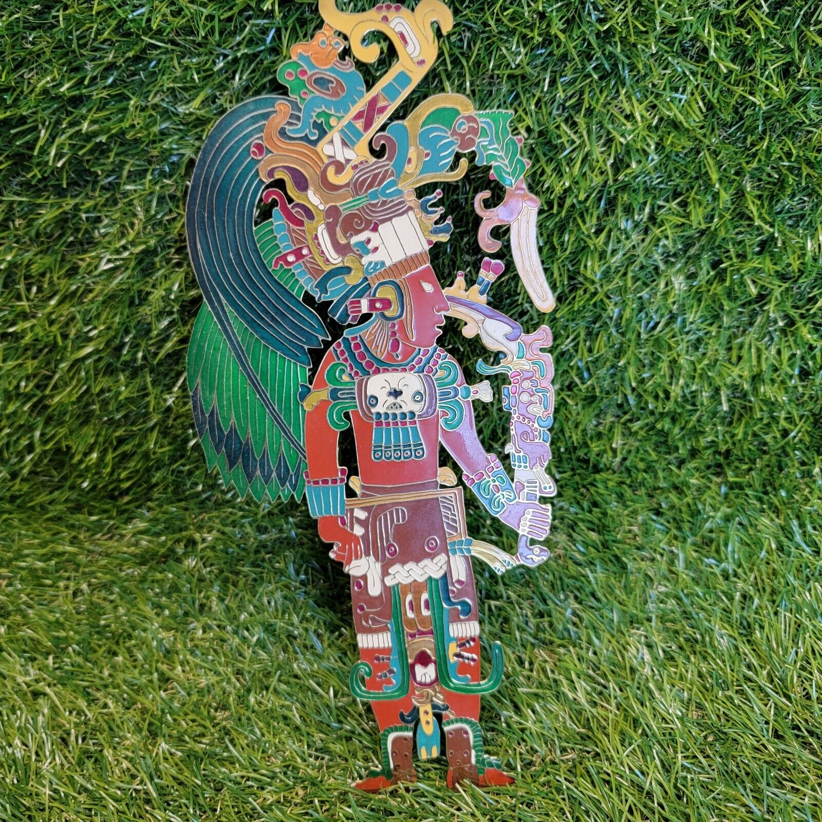 vintage aztec / myan warrior porcelain Enamel over brass plaque decoration