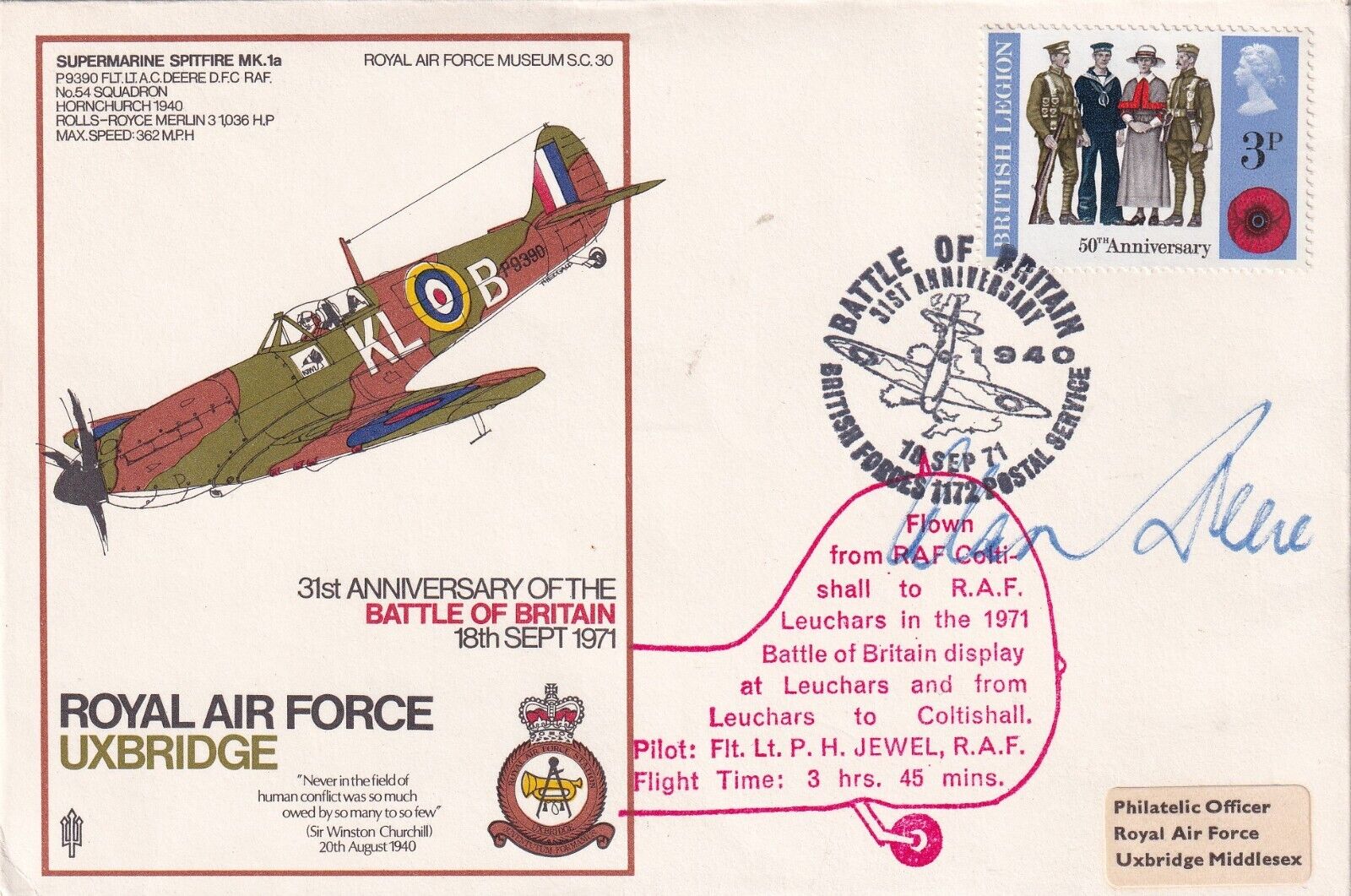 SC30c RAF Uxbridge 31th Anniv Battle of Britain.Flown Spitfire Signed .A.L.Deere