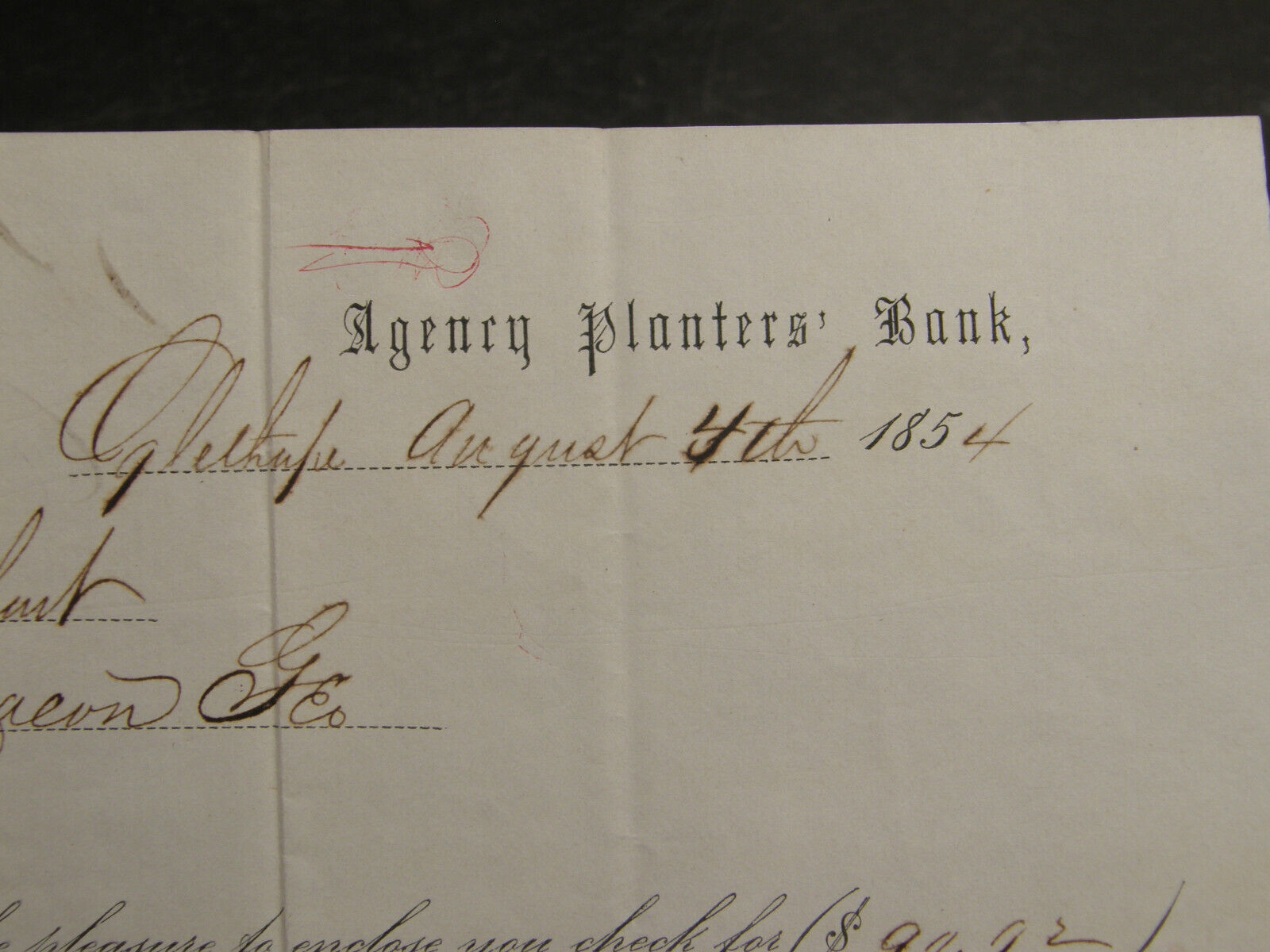 ANTIQUE 1854 PAYMENT RECEIPT PLANTERS BANK OGLETHORPE GEORGIA MACON COUNTY