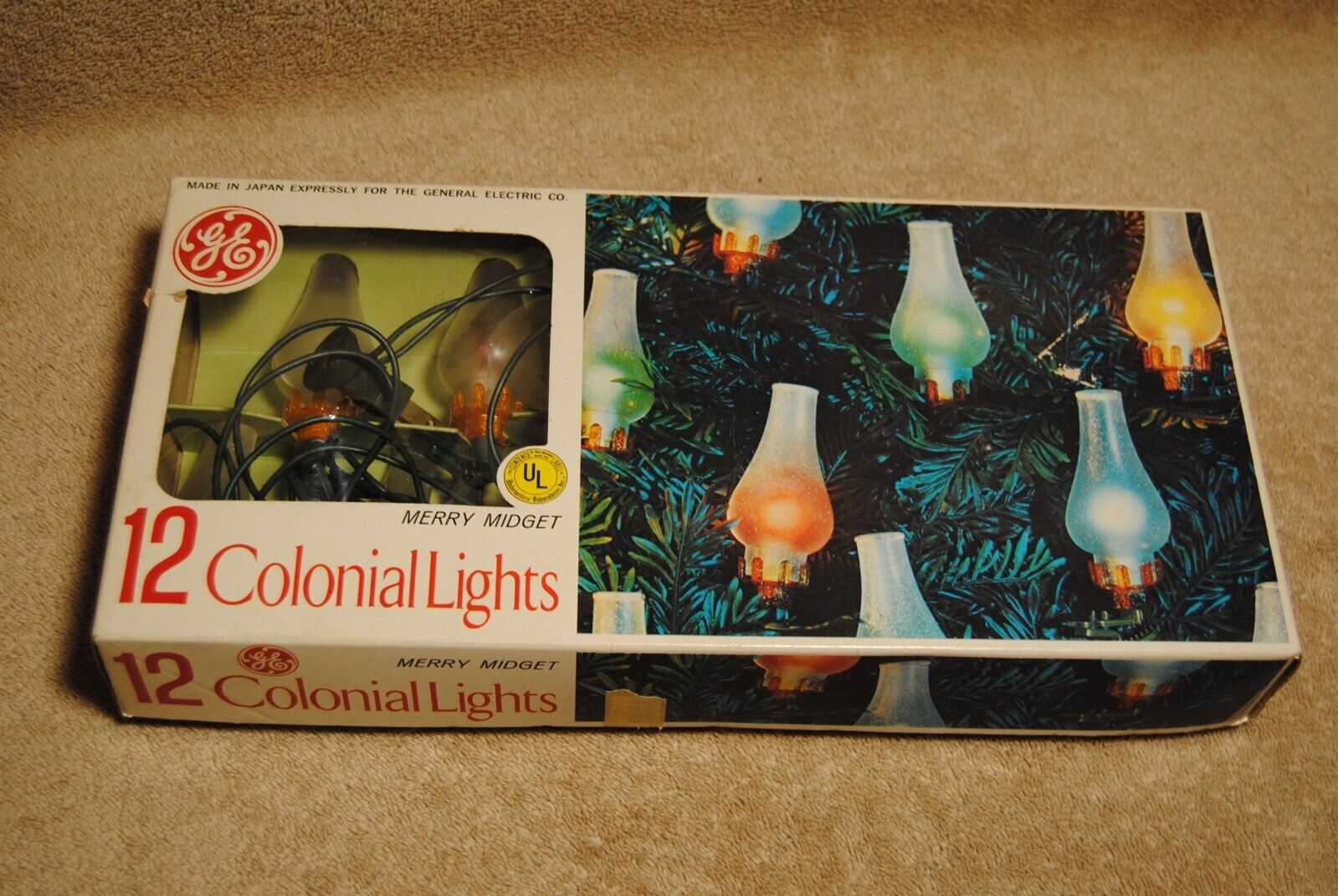 Vintage 12 Colonial Lights Merry Midget Christmas Light String GE Made in Japan