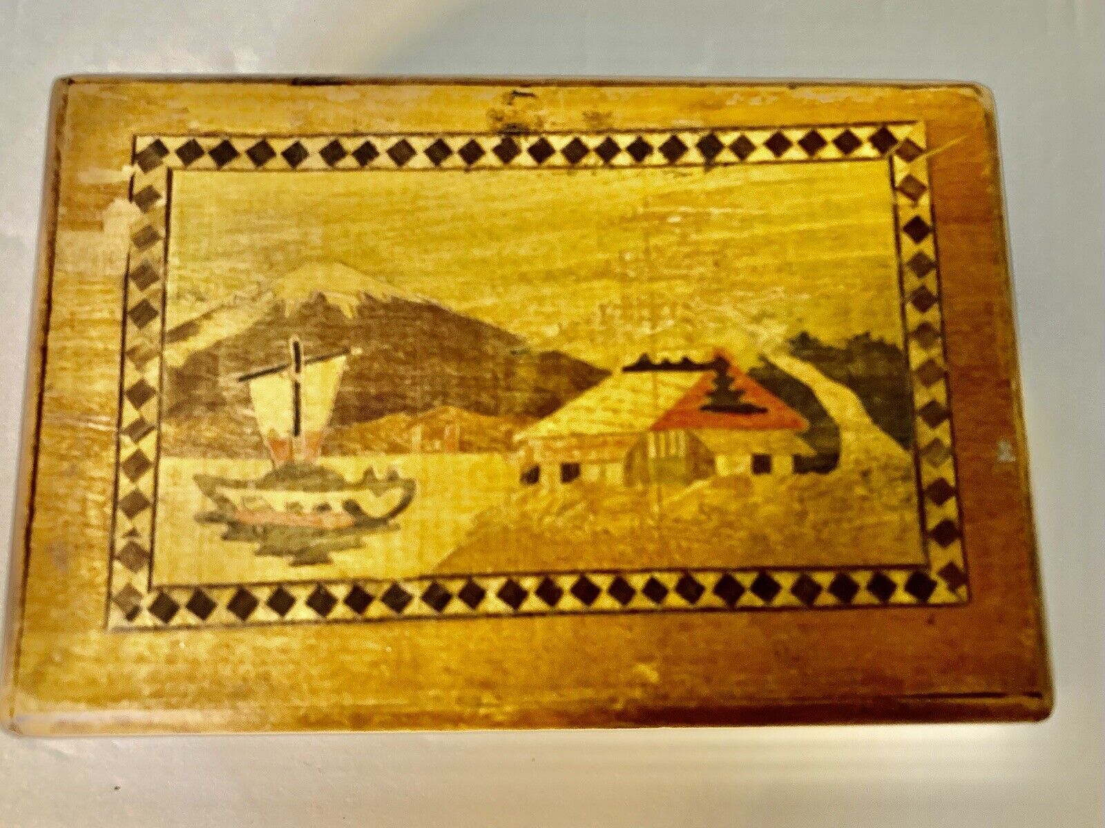 Antique Japanese Secret Puzzle Box Handmade Painted Inlaid Wood Mt Fuji Small