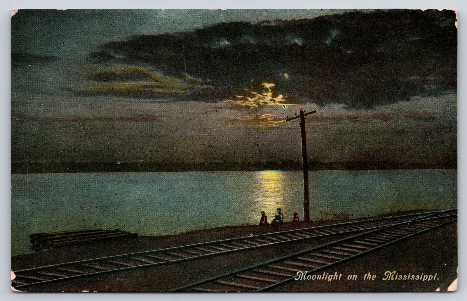 Clinton Iowa~Moonlight On Mississippi River~RR Tracks~SH Knox PM 1910 Postcard