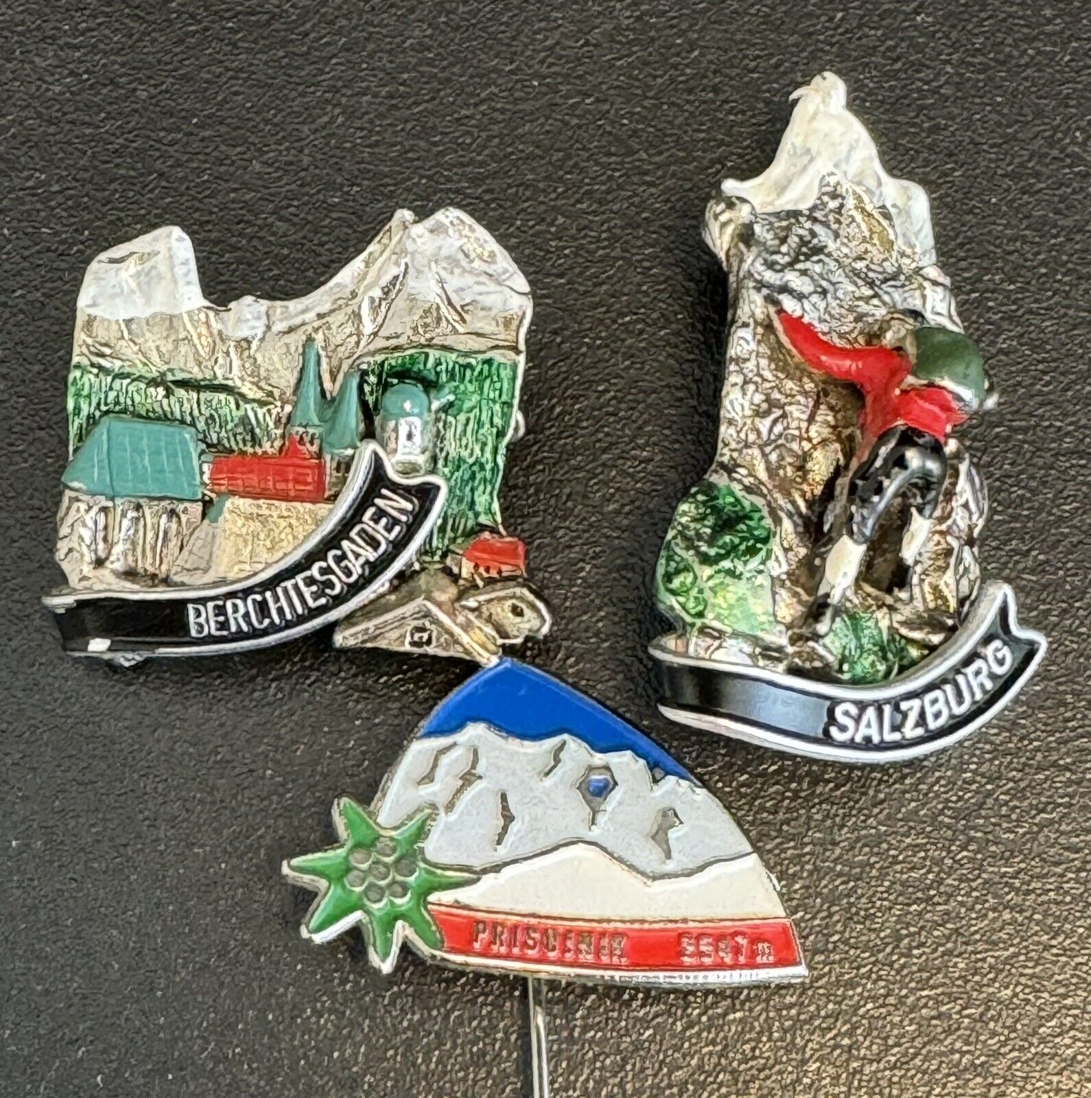 3 Vintage Hat Pins, Salzburg Austria, Berchtesgaden Germany, Prisgnik Slovenia