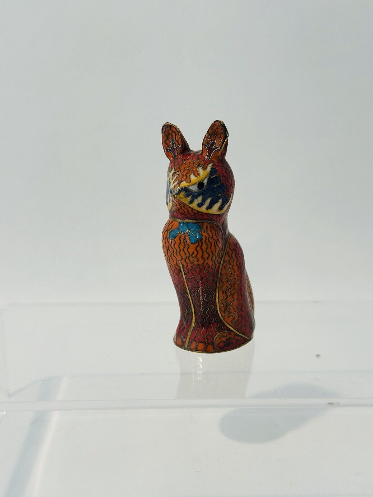 Vintage Enamel Cloisonne Sitting Cat Fox Figurine Multicolor 3.5”T