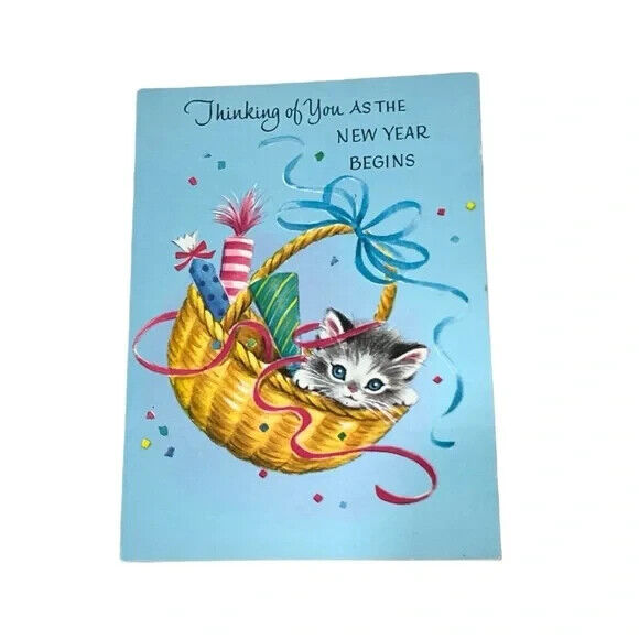 Rust Craft Kitten Cat in Basket Thinking of You New Years Vintage Card Unused