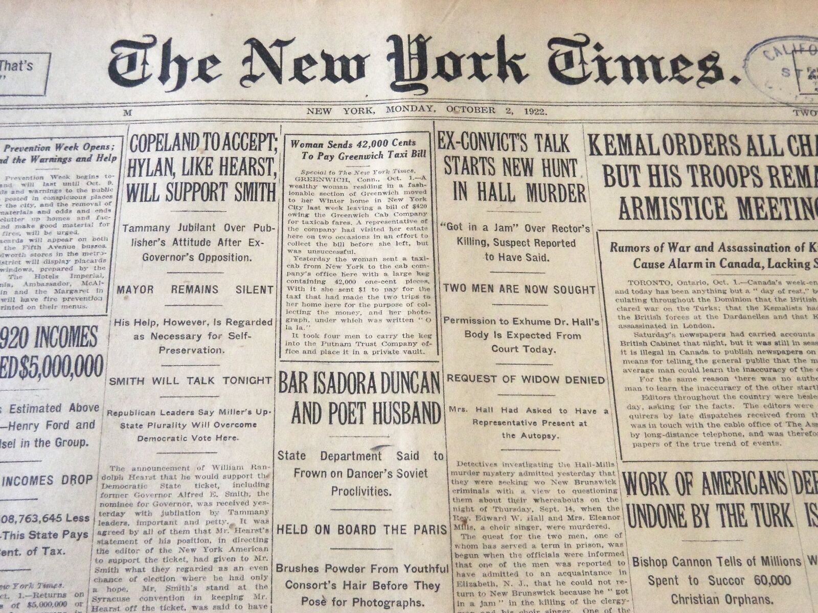 1922 OCTOBER 2 NEW YORK TIMES - BAR ISADORA DUNCAN AND HUSBAND - NT 5805