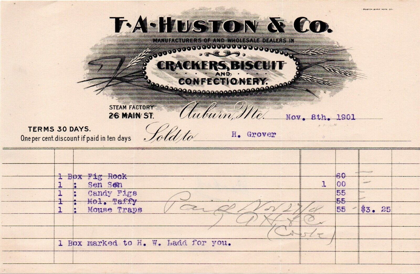 1901 Letterhead-T A Huston & Co-Crackers, Biscuit & Confectionery-Auburn, ME