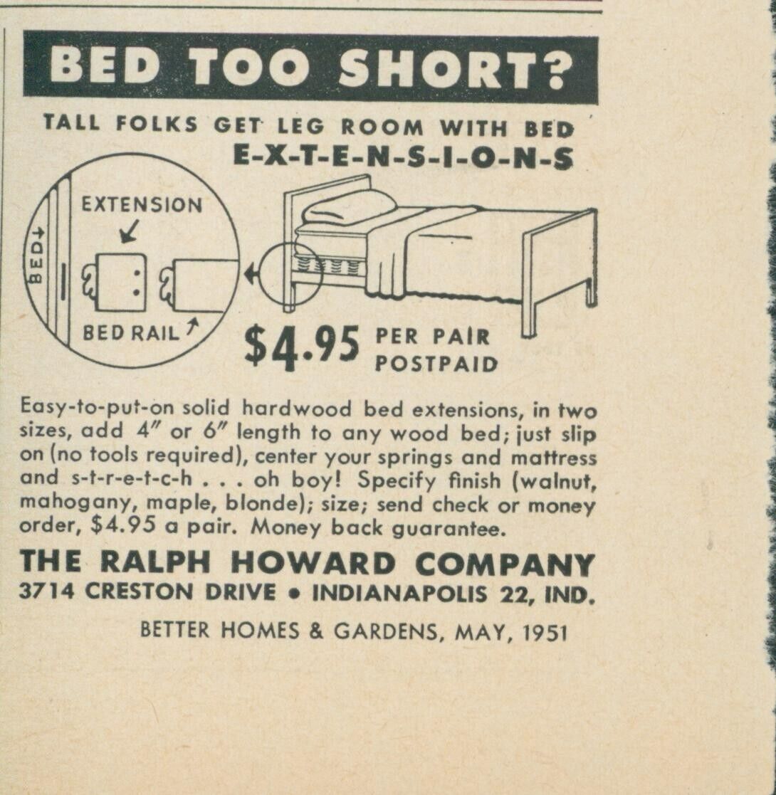 1951 Ralph Howard Bed Extension Bed Too Short Get Leg Room Vintage Print Ad BH1