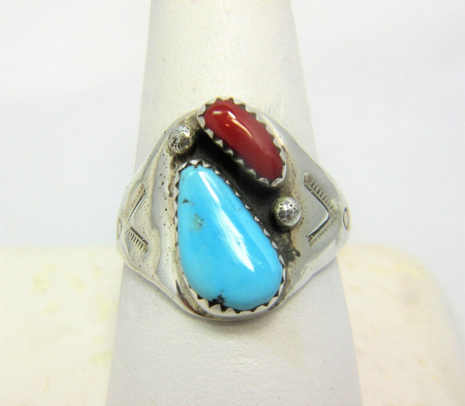 Native American Navajo Ring Size 10 1/2 Signed ML Turquoise Coral 925 Silver #27