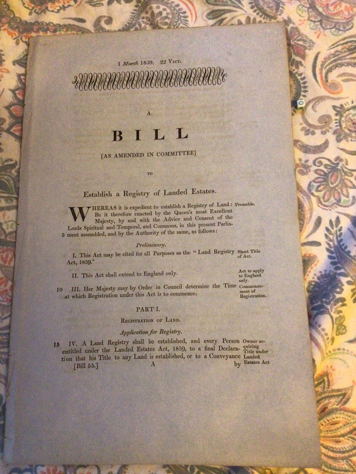 Antique Act of Parliament Bill RARE , Registry Of Landed Estates , 1859