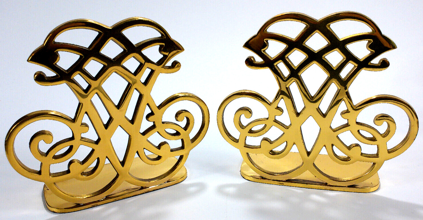 1 Pair Decorative Laquered Brass Bookends - Gold / Yellow - Made in India