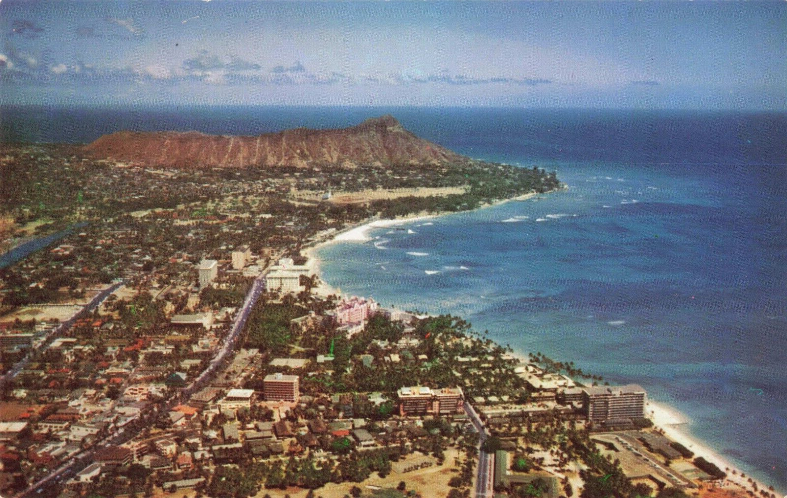 Honolulu HI Hawaii, Waikiki Beach, Diamond Head, Aerial View, Vintage Postcard