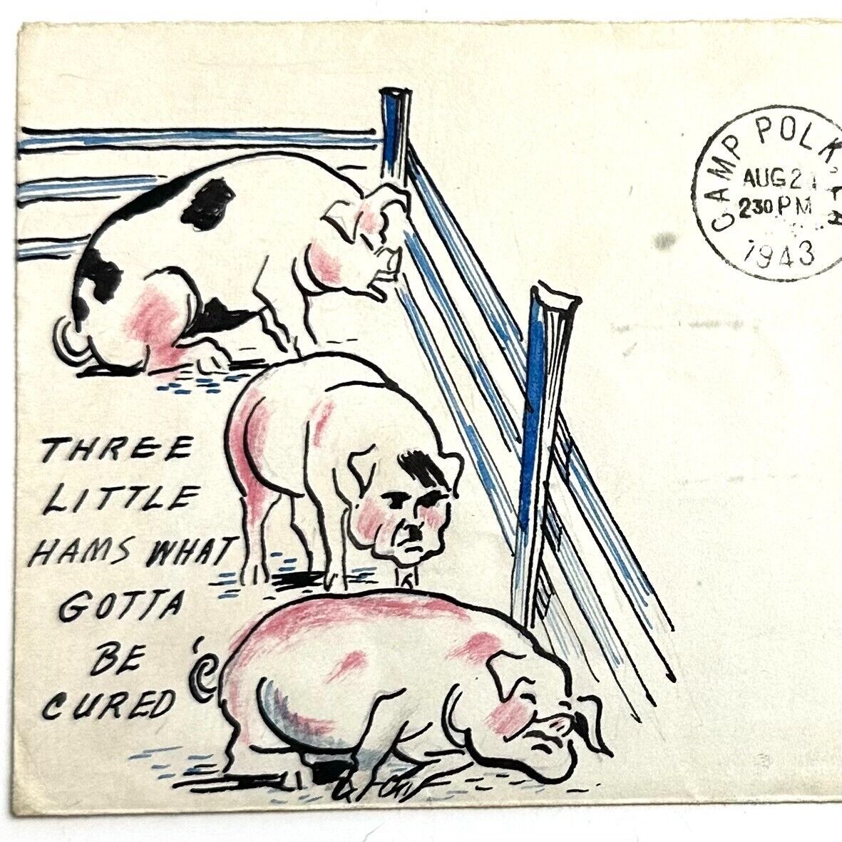1943 World War 2 Illustrated Envelope Three Little Hams What Gotta Be Cured