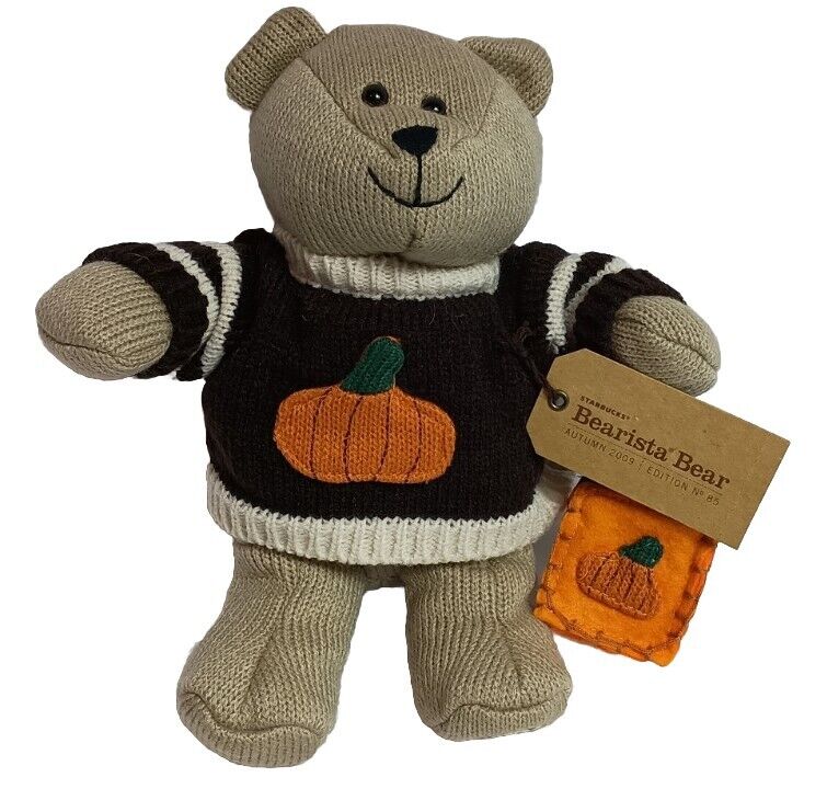 Starbucks 2009 Bearista Bear Knit Plush 85th Ed. Fall Pumpkin Sweater Tote Bag