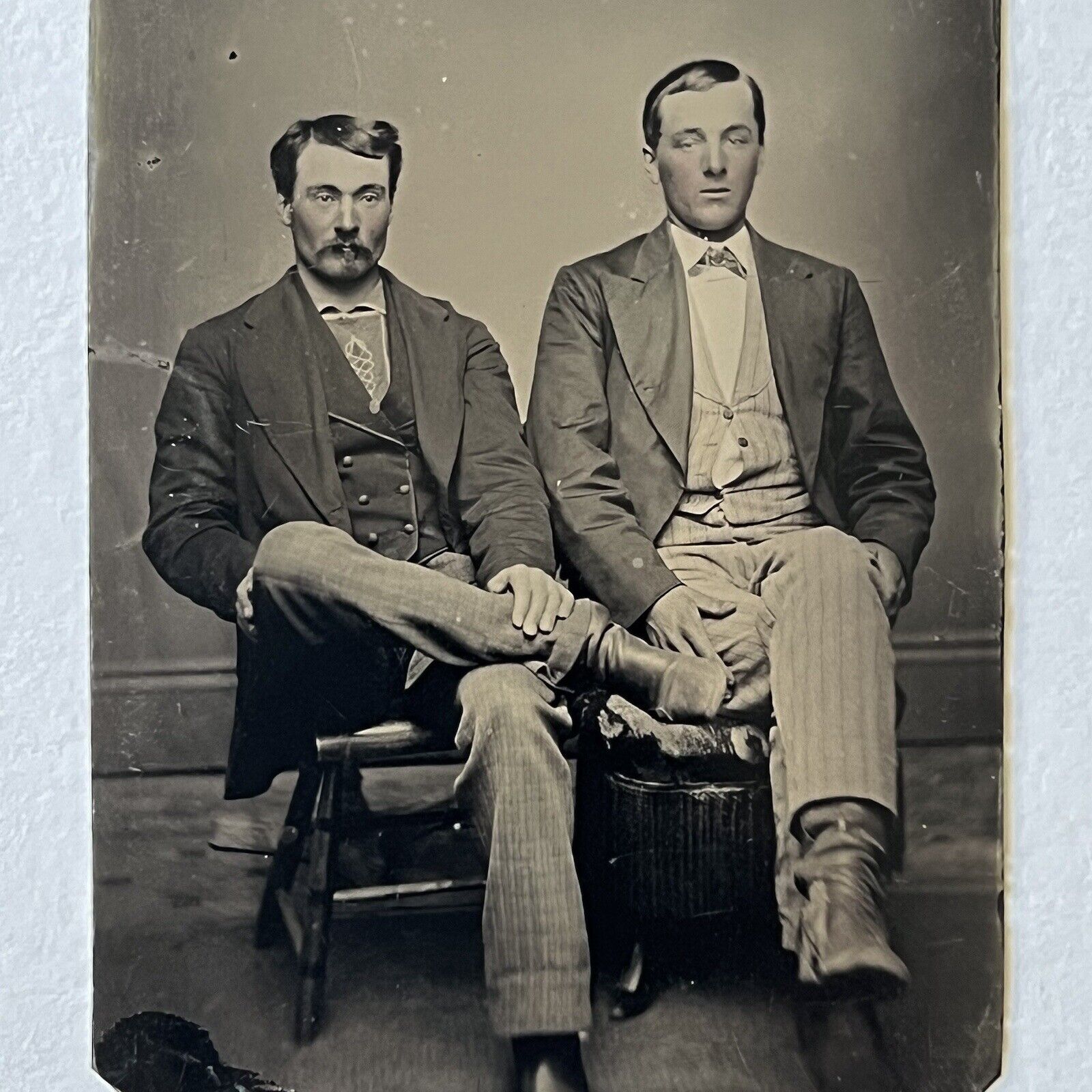 Antique Tintype Photograph Handsome Men One With Amputated Leg War Farm Injury?