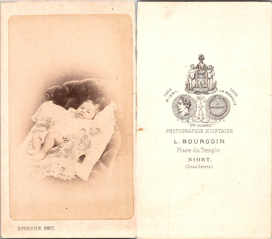 CDV Bourgoin, Niort, small baby resting on a lace tablecloth, circa 1870V