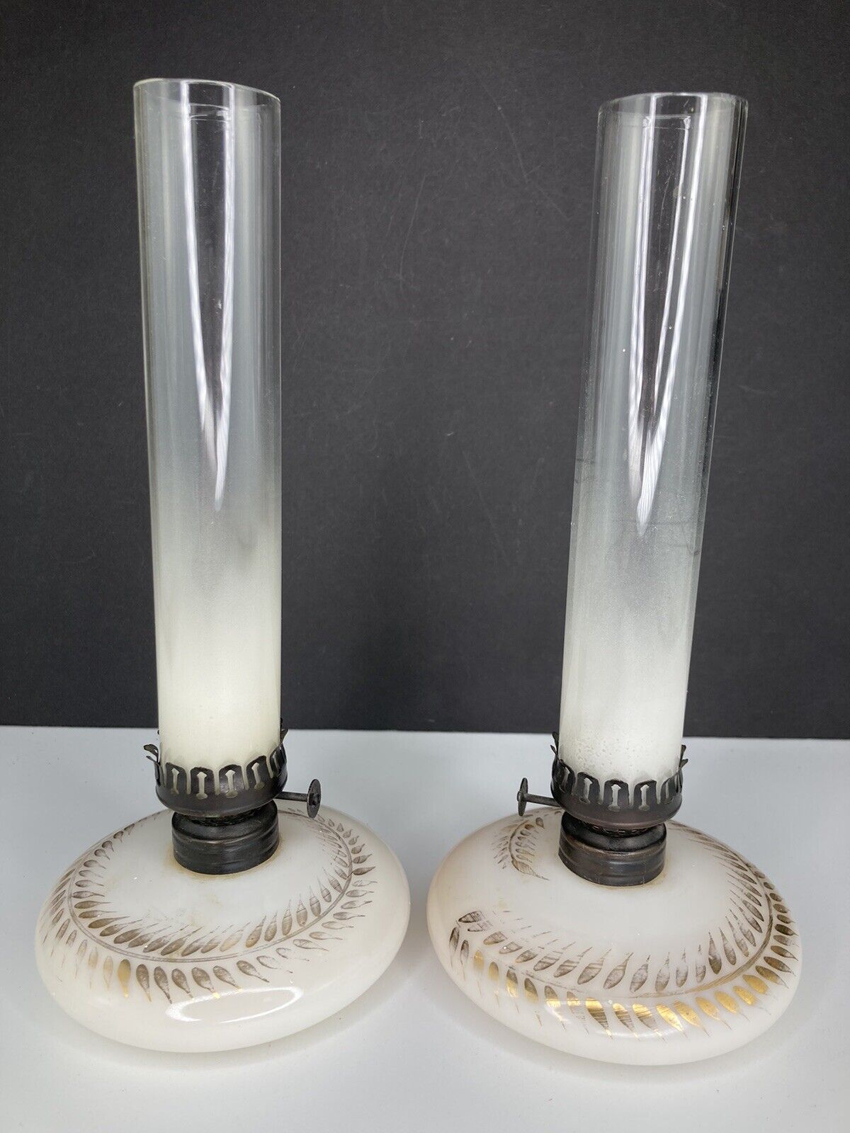 Antique Pair of Kerosene Lamps ~ Flat Hand Lamp, Hornet Burner, Wheat Pattern