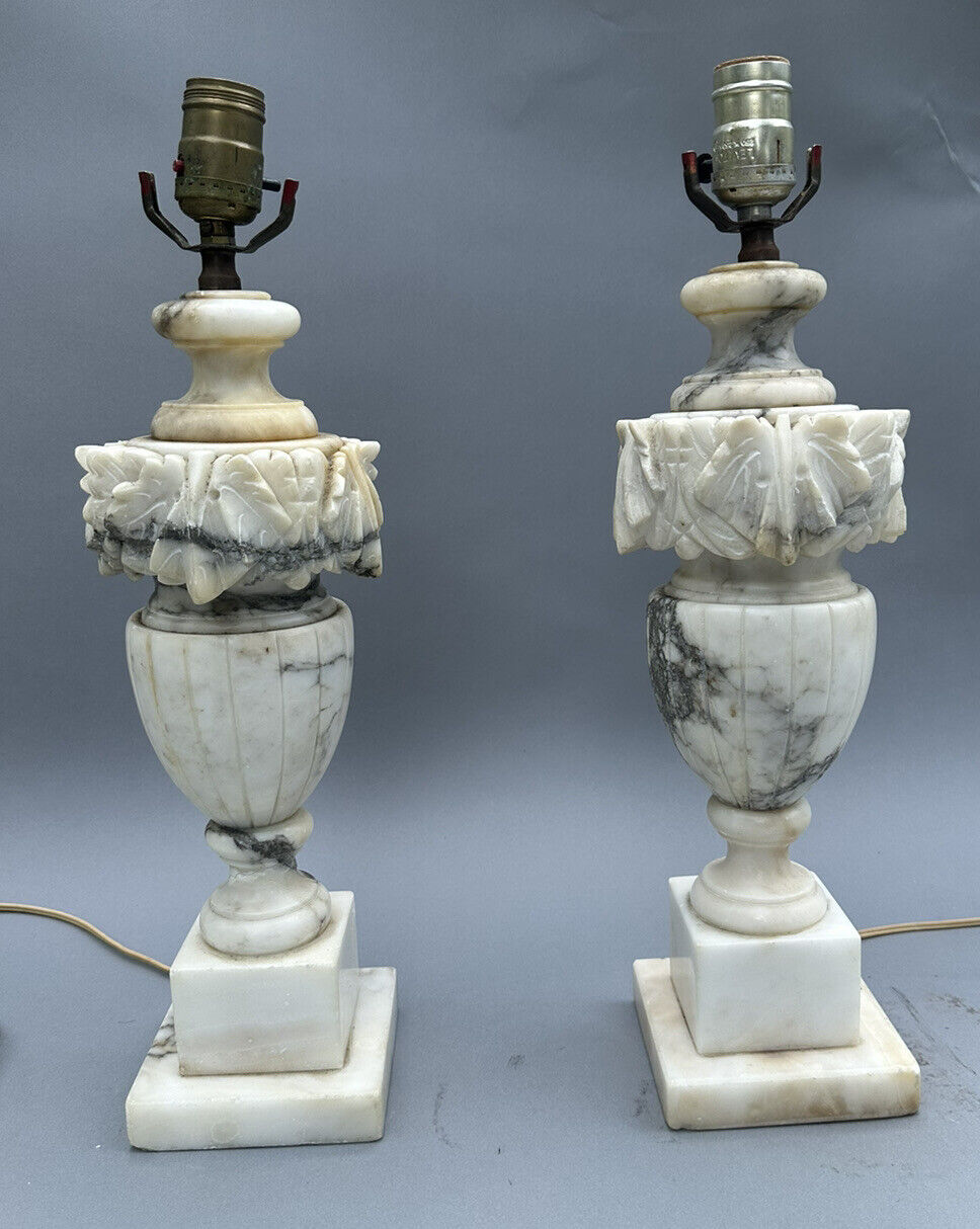 Pair of Vintage Antique Marble or Alabaster Carved Table Lamps