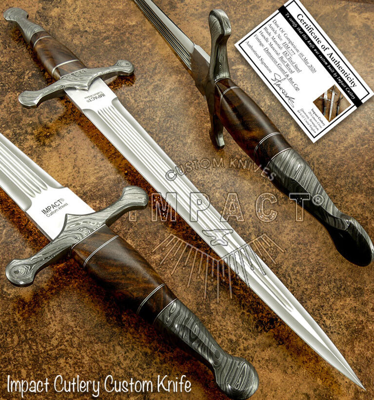 IMPACT CUTLERY RARE CUSTOM D2 MASSIVE FULLER DAGGER KNIFE SWORD BURL WOOD HANDLE