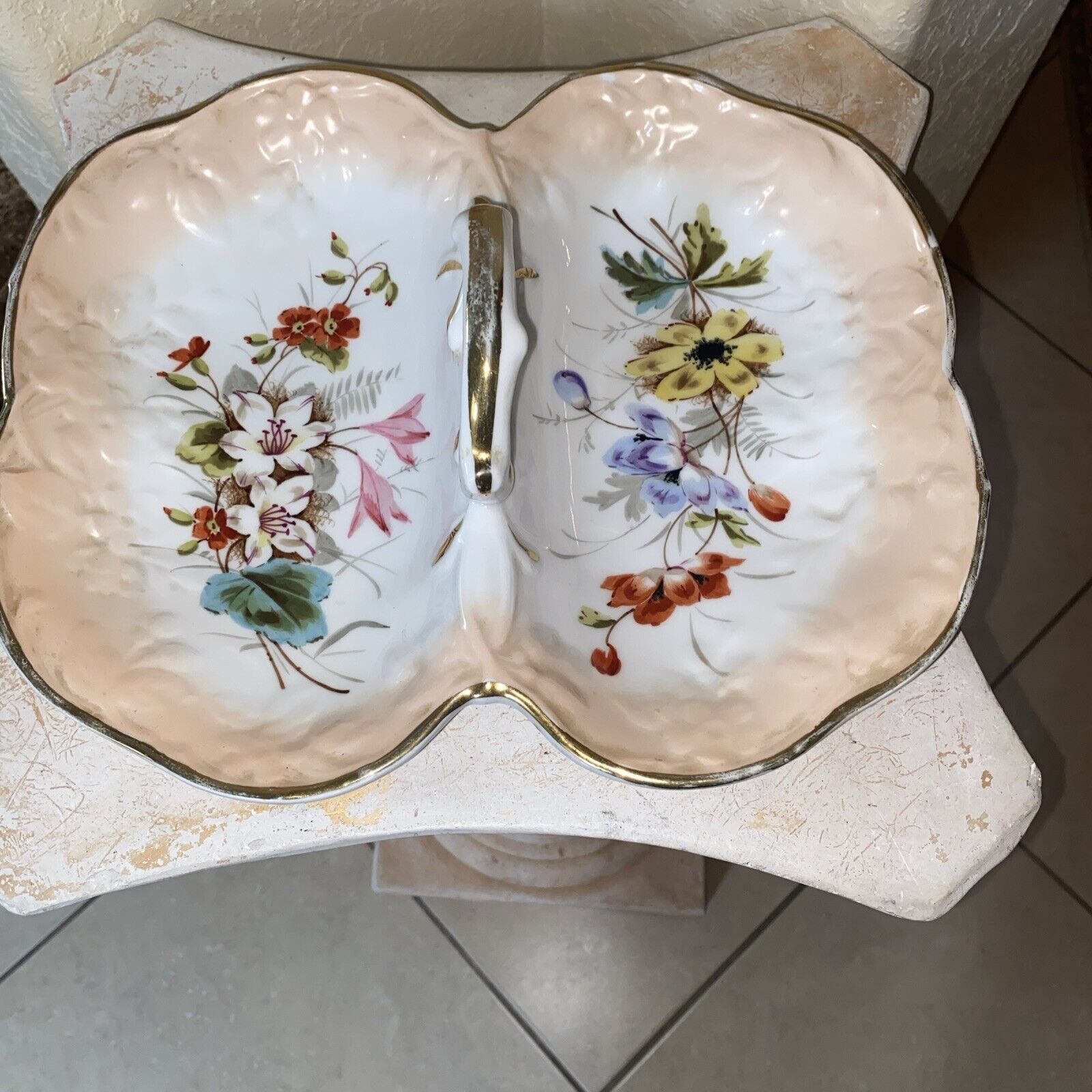 Antique CT Carl Tielsch Atlwasser Divided Center Handled Bowl Dish Basket Floral
