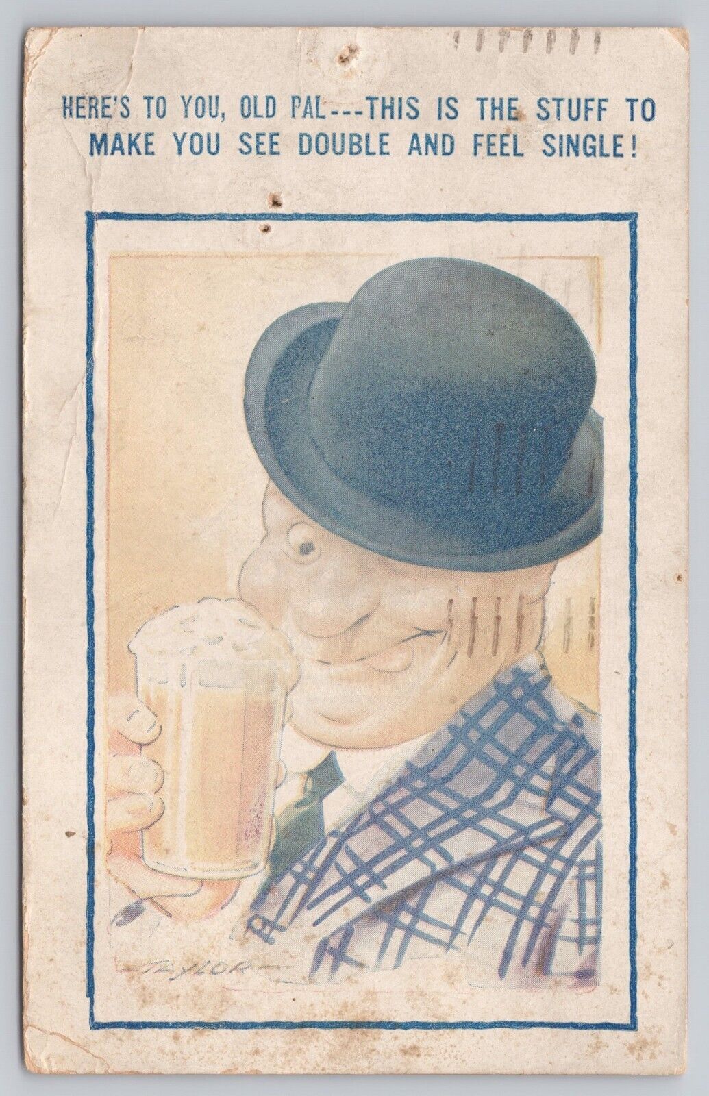 Los Angeles California, Funny Man Bowler Hat Drinking Beer, Vintage Postcard