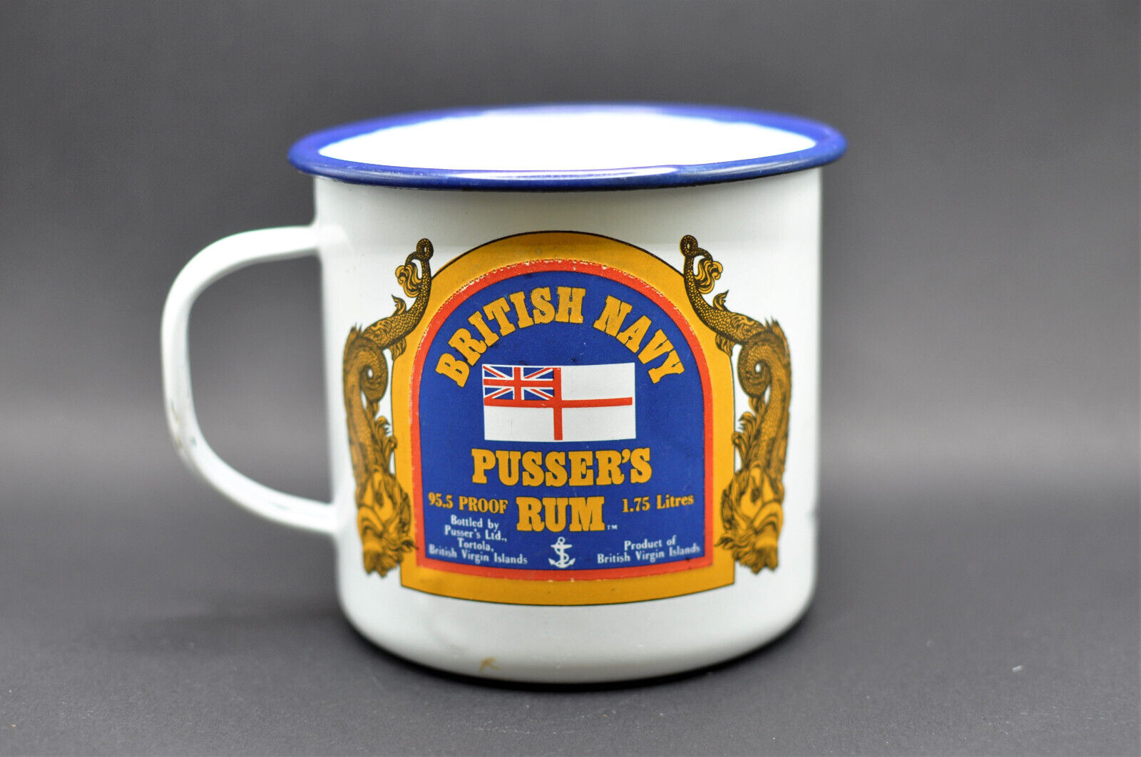 Pusser\'s Rum British Navy White Blue Enameled Tin Cup Mug 