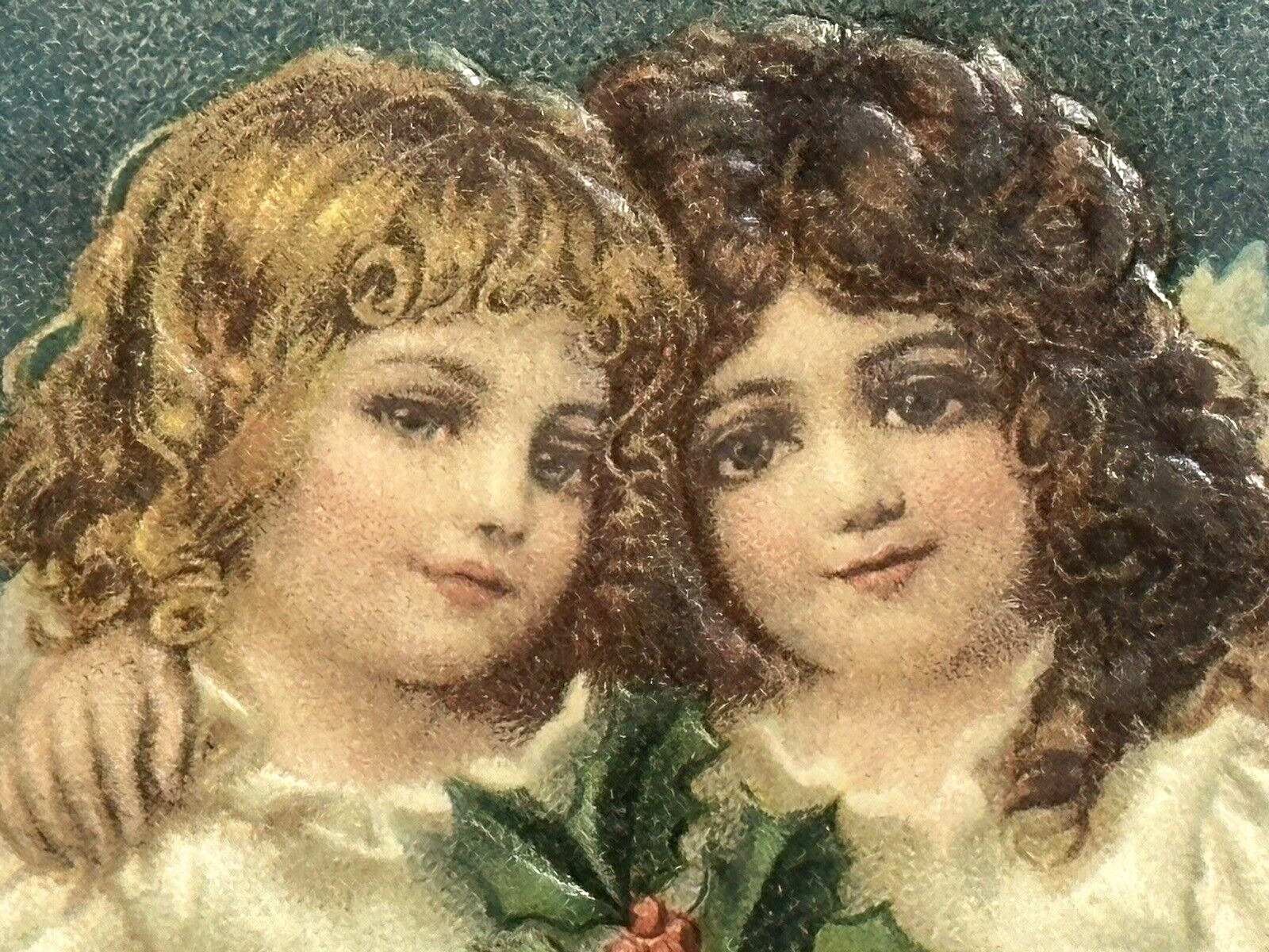 Christmas Postcard Angels Curly Hair Girl Children Hug Green Hold Holly Stripe