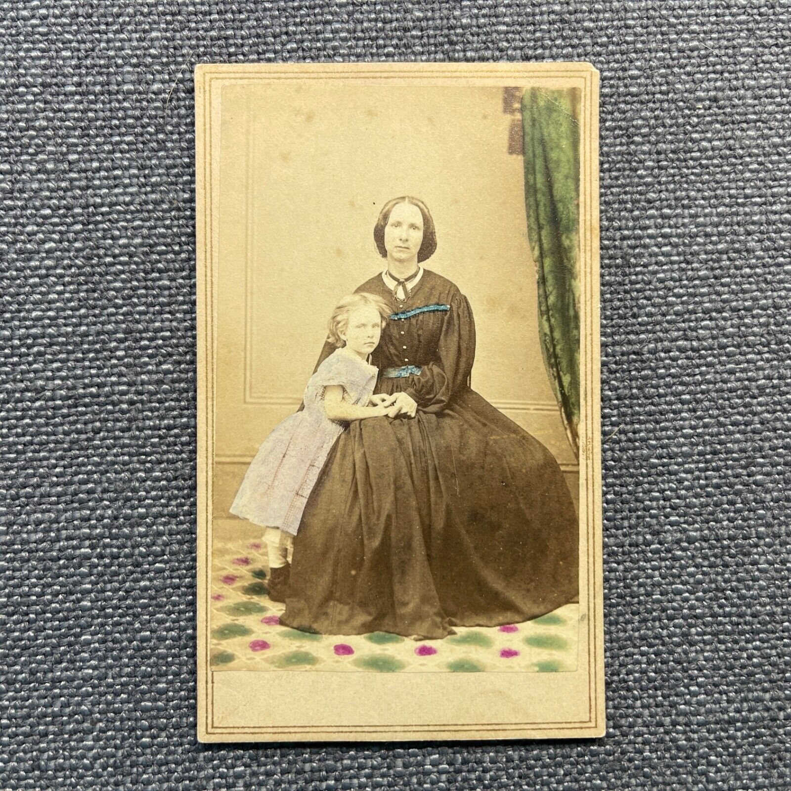 CDV Photo Antique Carte De Visite Portrait Woman and Little Girl Hand Tinted