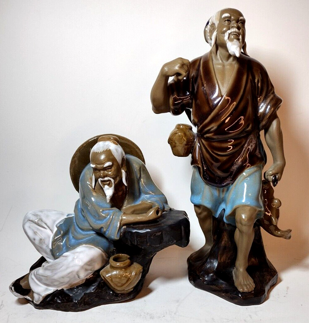 Pair (2) Vintage Chinese Shiwan Wanjiang Mudman Sculptures