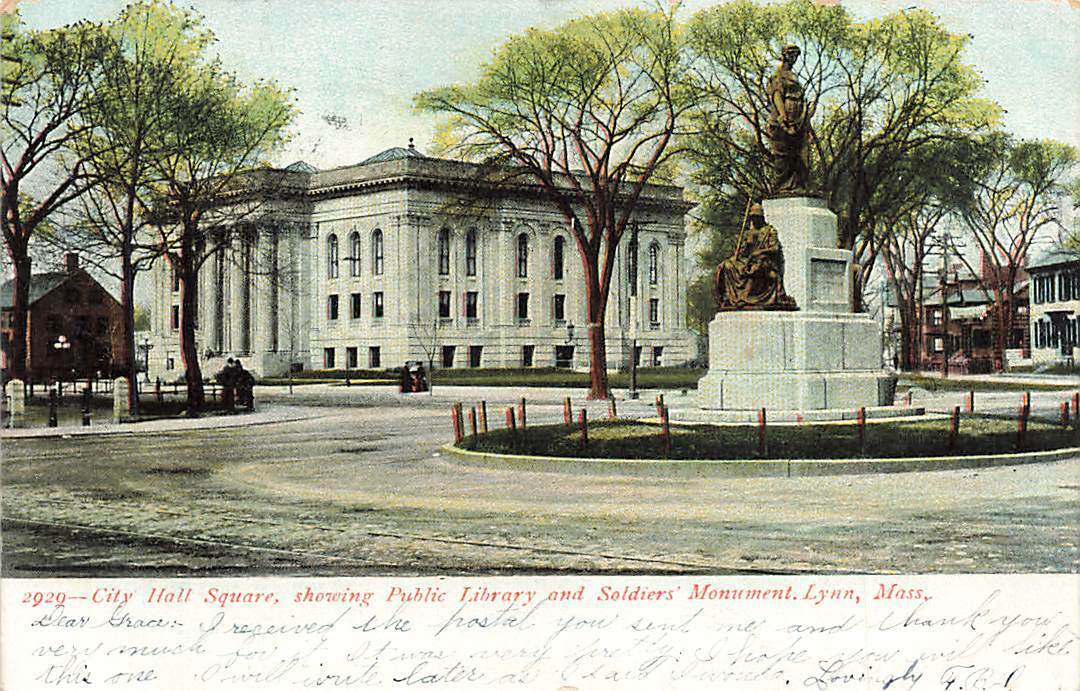 c1905 City Hall Square Public Library Soldiers Monument Lynn MA P255