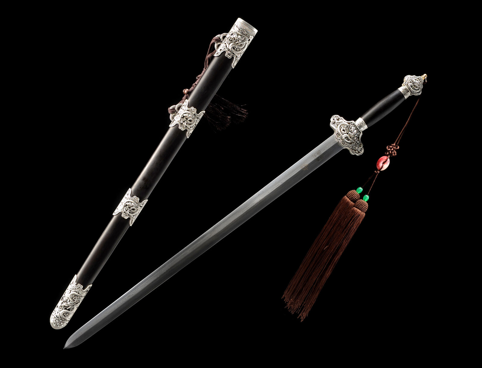 39\'\' Silver Dragon Damascus Folded Steel Ebony Chinese Sword Handmade Qing Jian