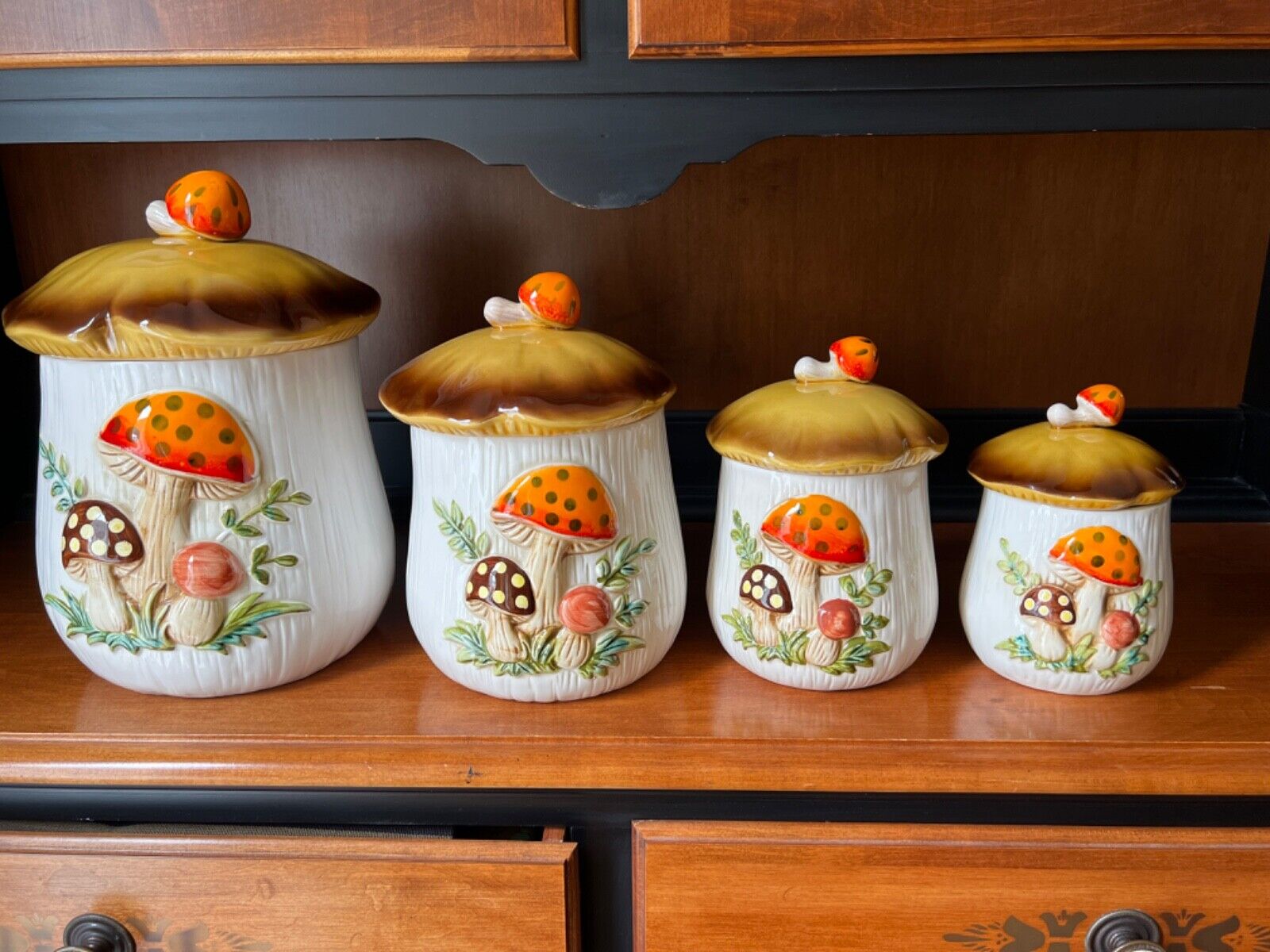 Merry Mushroom 4 Piece Canister Set With Lids Sears Roebuck & Co Japan 1978