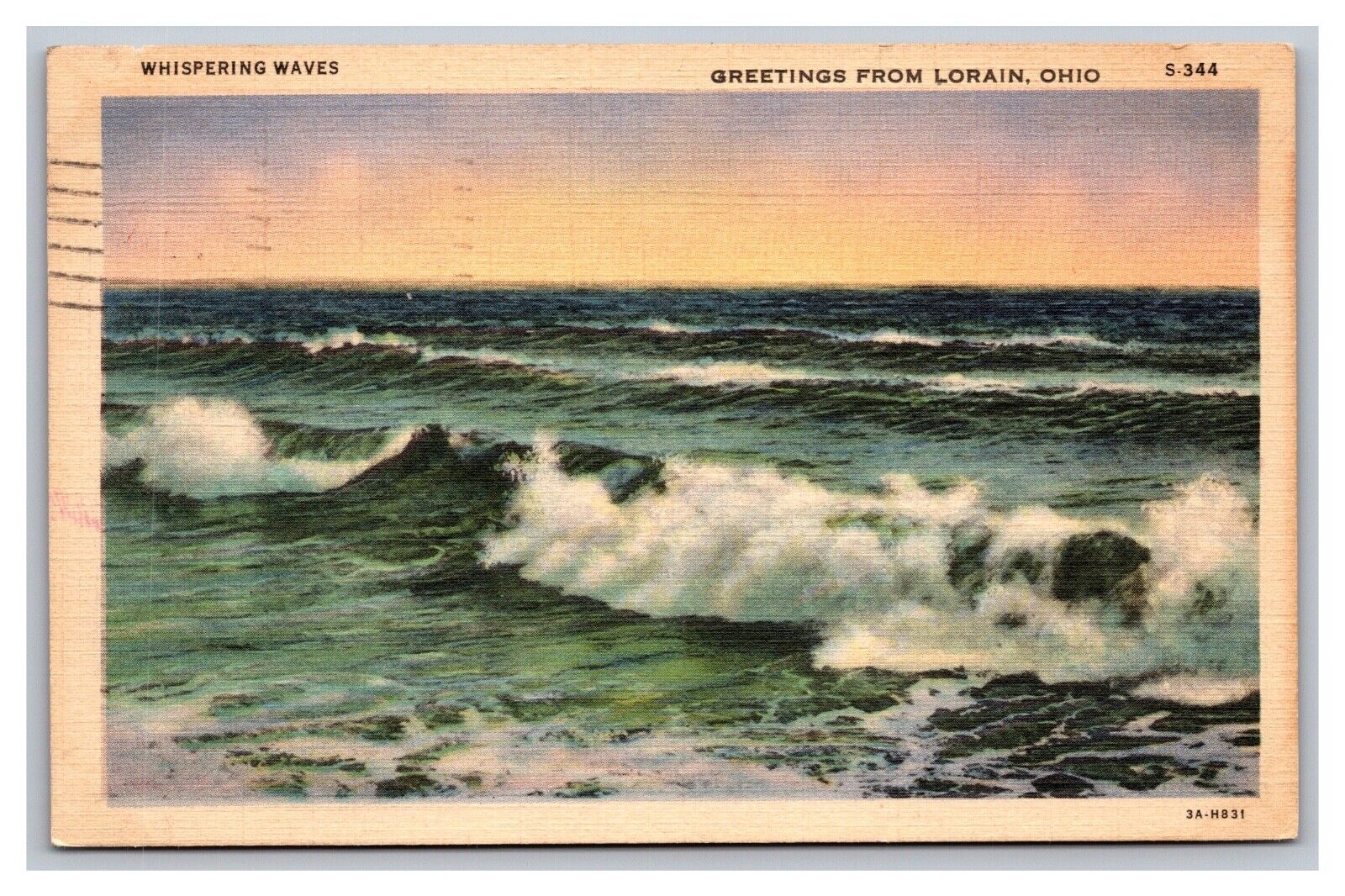 Greetings from Lorain OH Ohio Whispering Waves Surf Linen Postcard Posted 1937