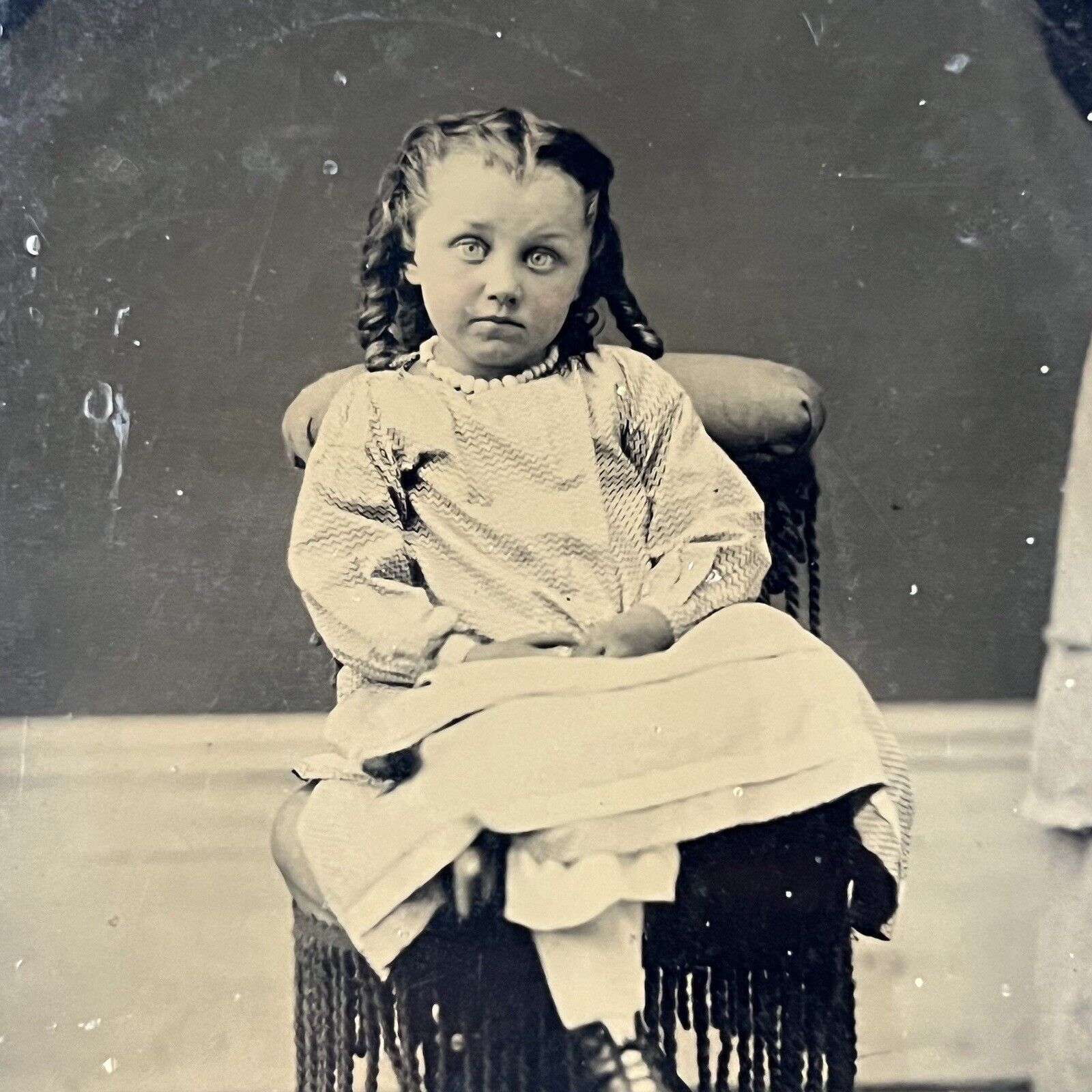 Antique Tintype Photograph Adorable Enchanting Little Girl Curled Hair Big Eyes