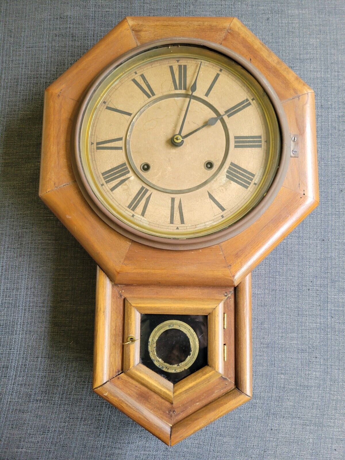 Antique Circa 1900 Octagon Schoolhouse Clock Tested In Working Condition.