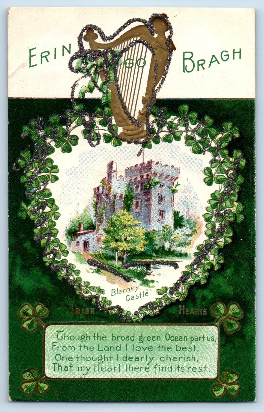 St. Patrick\'s Day Postcard Blarney Castle Shamrock Harp Glitter Embossed c1910\'s