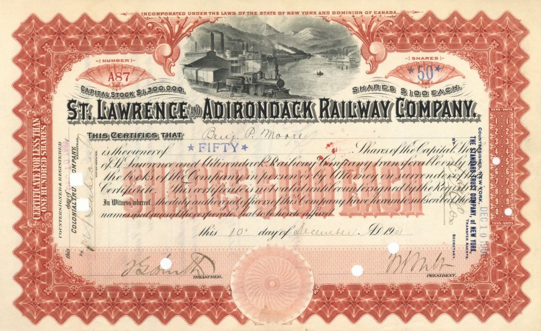 St. Lawrence and Adirondack Railway Co. - Stock Certificate - Railroad Stocks