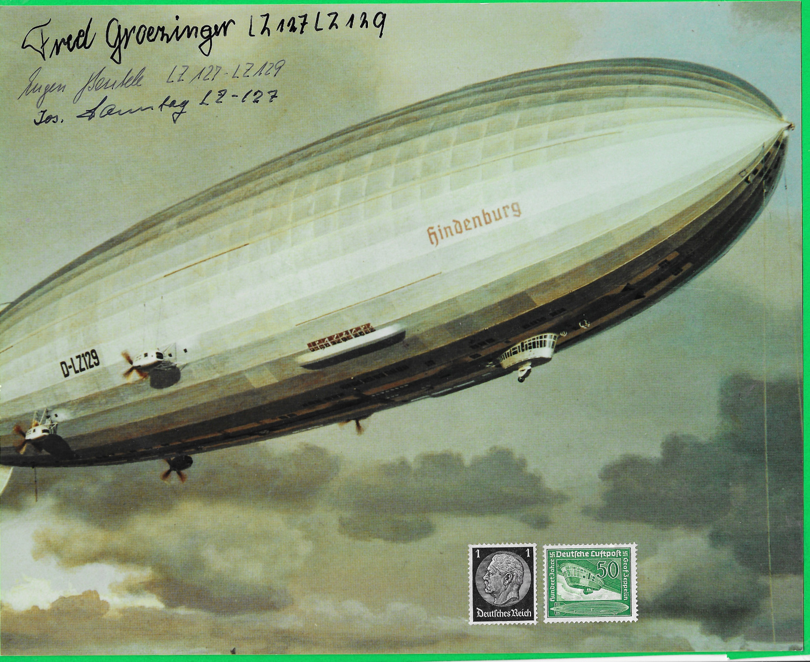 Hindenburg Airship Color 8 X 10 with VINTAGE Stamps SIGNED by 3 Crew Members
