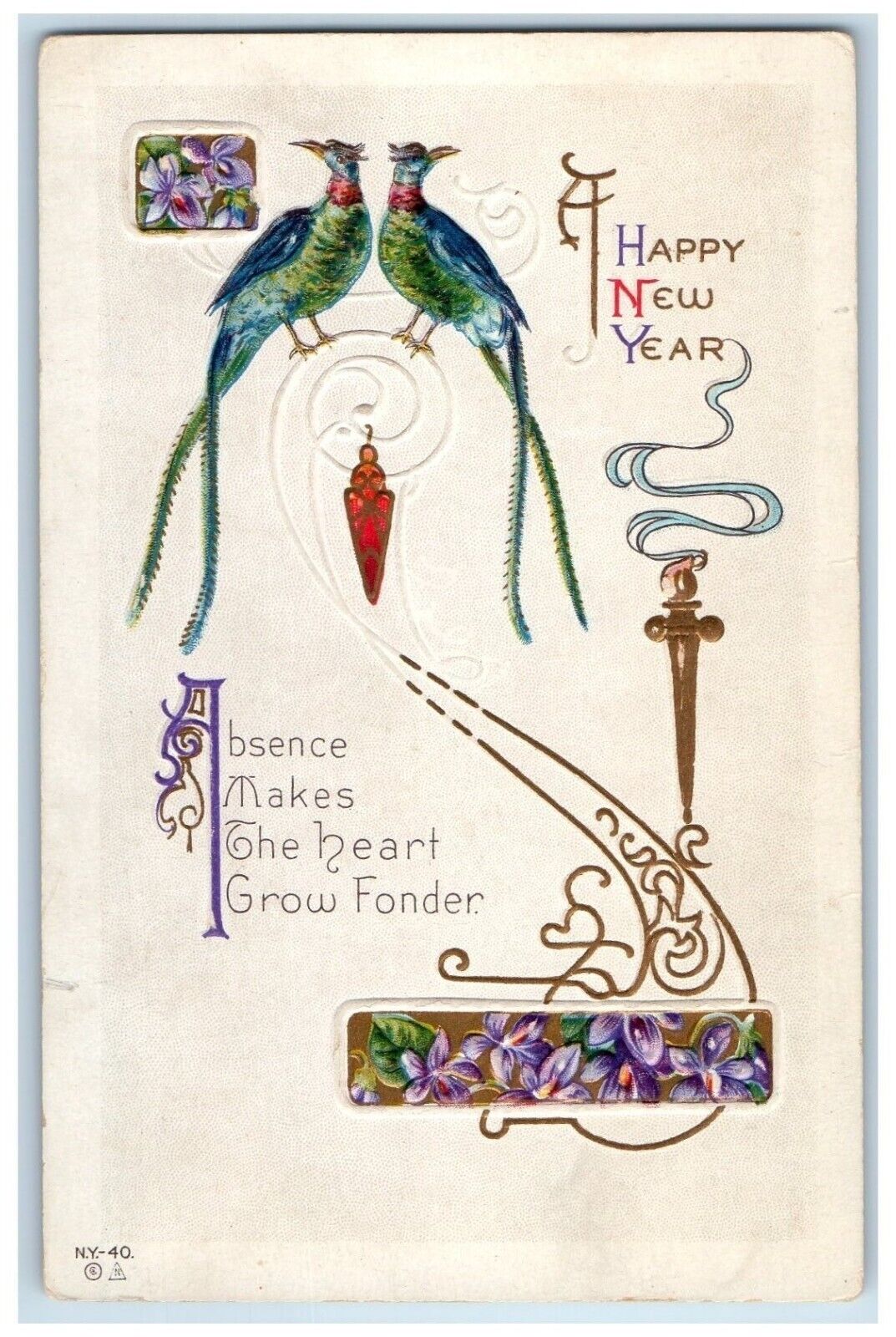 c1910's Happy New Year Peacock Flowers Embossed Posted Antique Postcard
